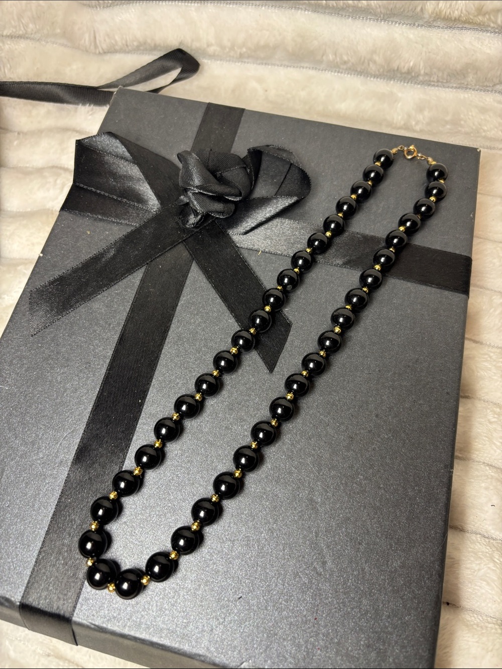 18” Black Beaded Necklace with Gold Accents